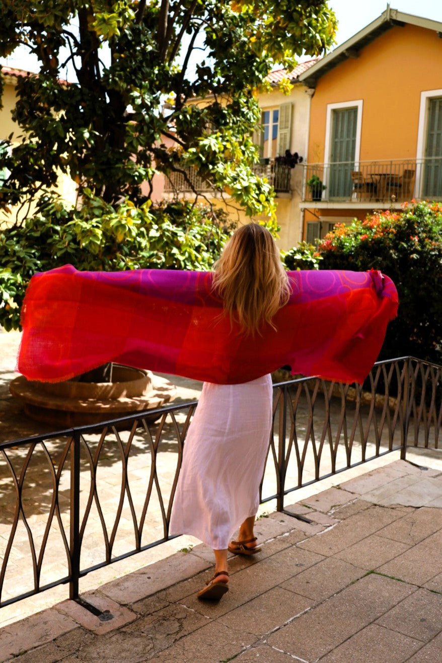 Baby Alpaca & Silk Shawl Red Fuchsia — Handwoven Reversible Boho Wrap | Zia's Beauties Peru