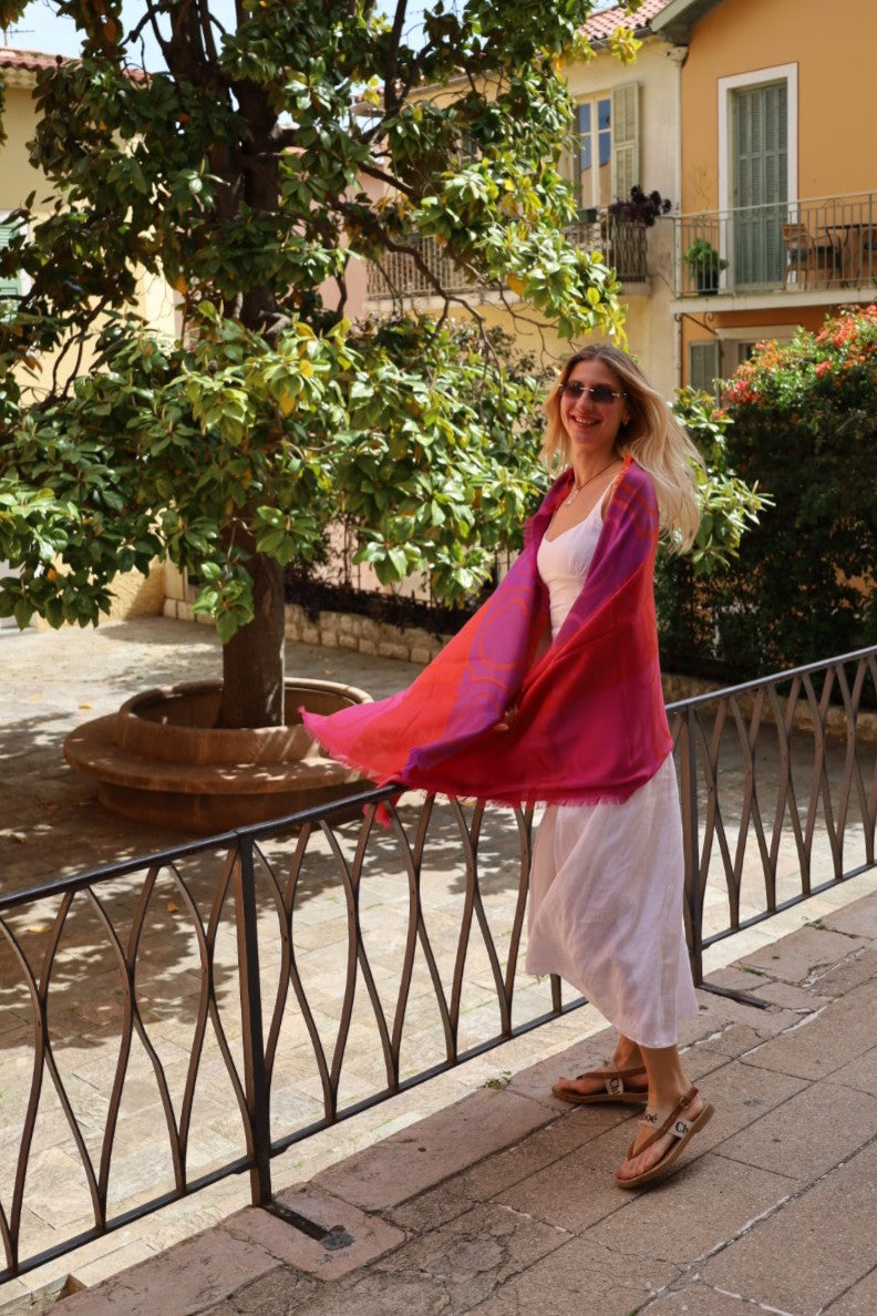Baby Alpaca & Silk Shawl Red Fuchsia — Handwoven Reversible Boho Wrap | Zia's Beauties Peru
