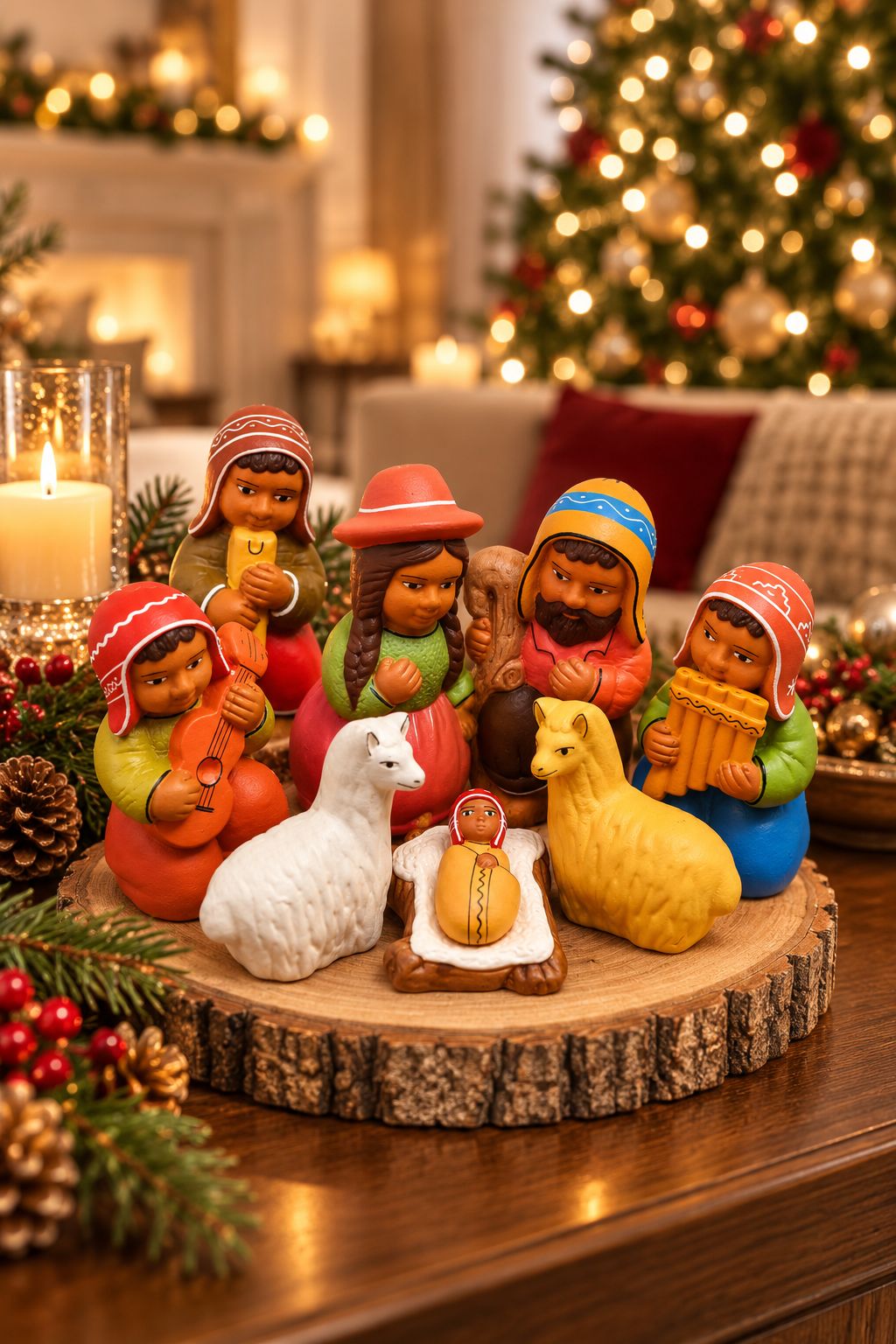 Cuzqueños Peruvian Nativity Set — 8 Pieces, 10.5 cm, Andean Hats