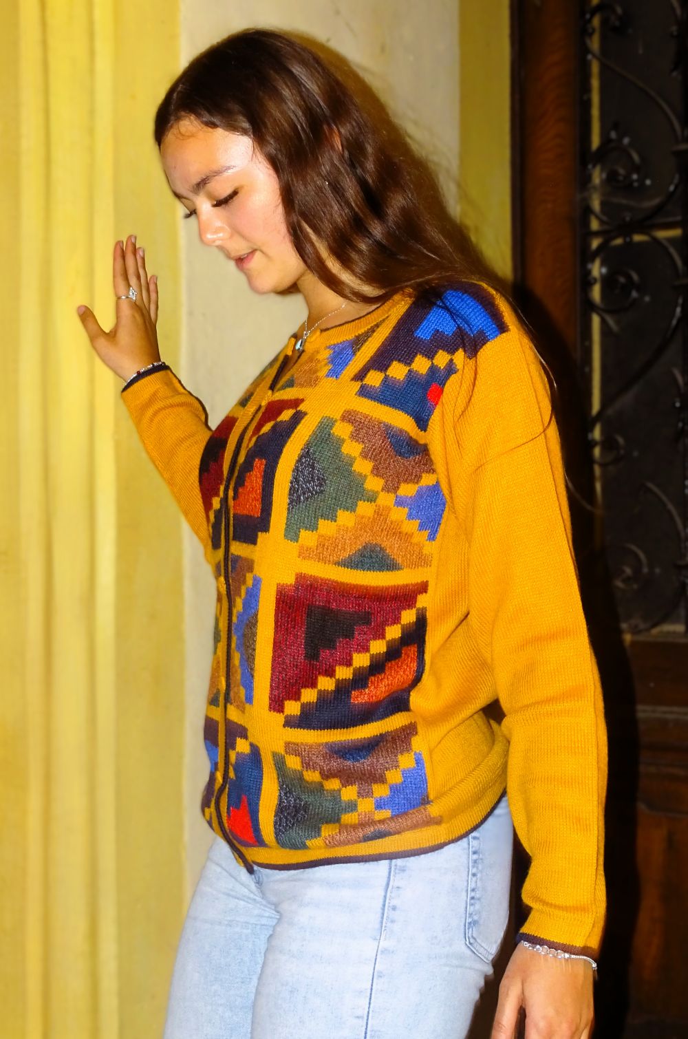 Baby Alpaca Vest Women | Mustard Open Front Cardigan | Inca Geometric Handwoven | Ethical Peruvian Luxury Knitwear (Copy)