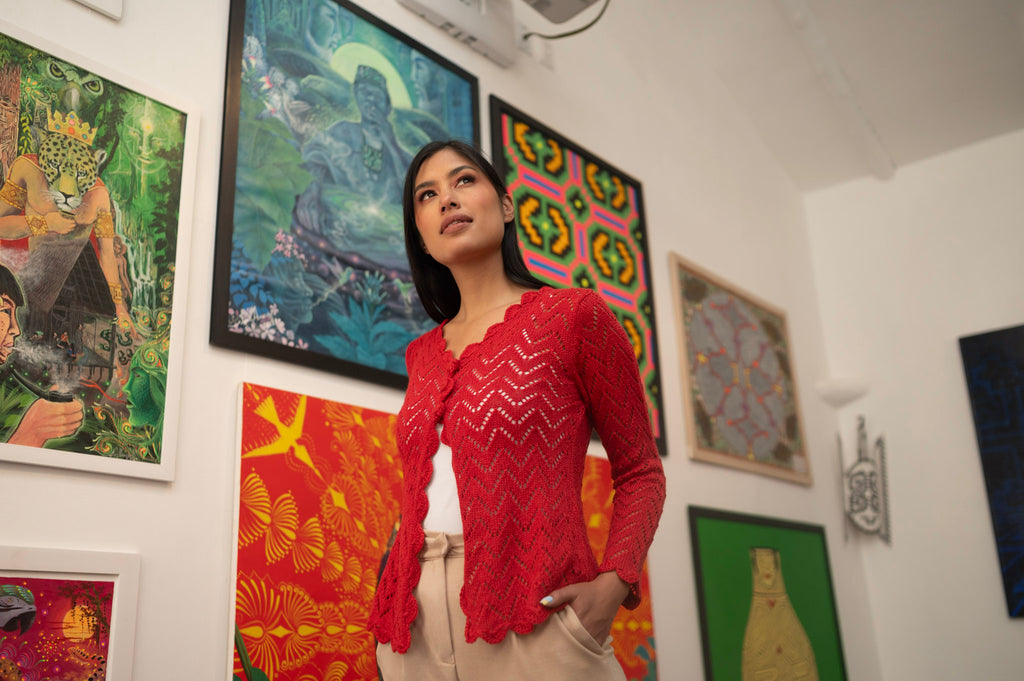 Artisan Lace Knit Cardigan – Statement Jewel Tones | Handmade Ethical Knitwear Peru