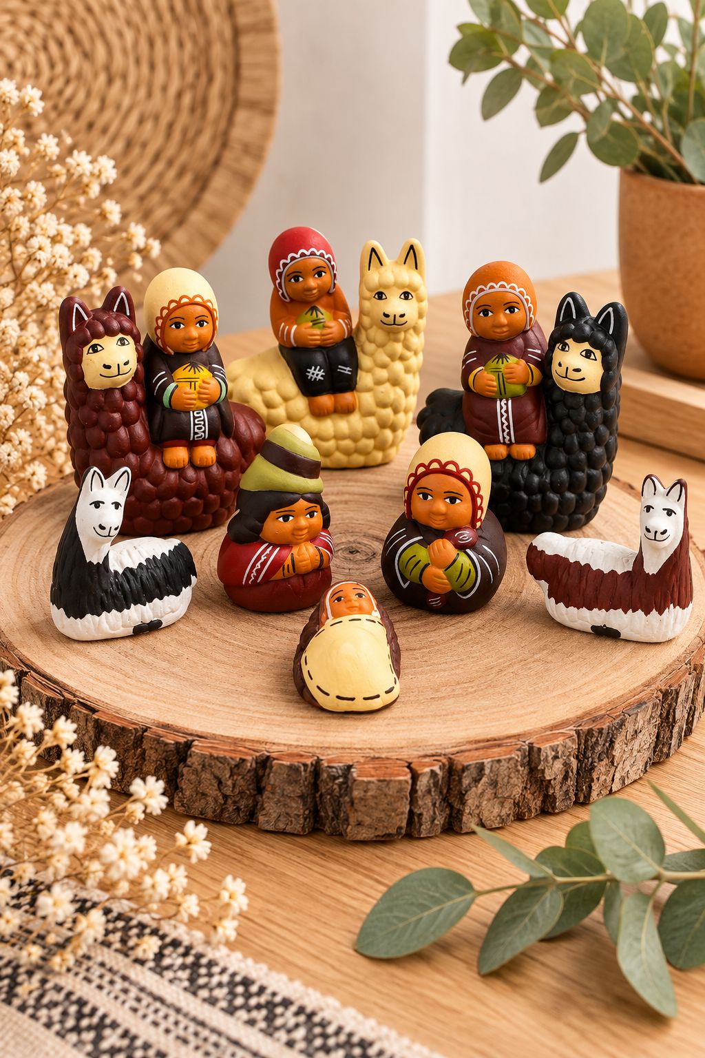 Three Kings on Llamas Peruvian Nativity Set — 8 Pieces, 7 cm