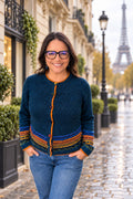 Cárdigan de Baby-Alpaca – Oro, Verde Hoja y Chiné Azul Oscuro | Tejidos Peruanos de Herencia Andina