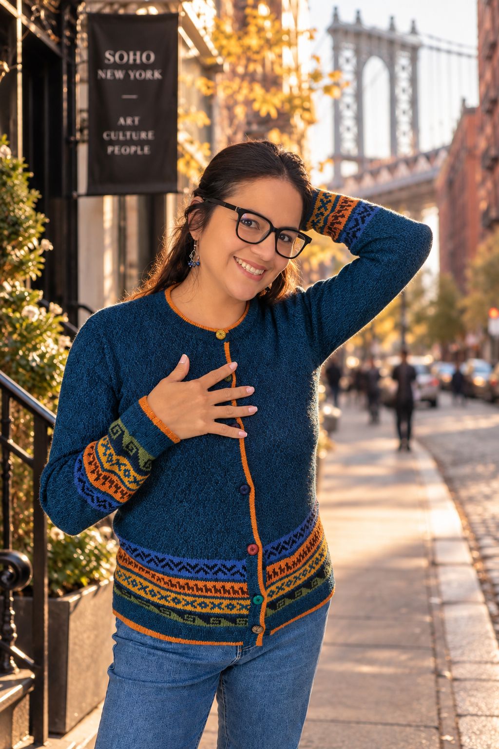 Baby Alpaca Cardigan – Gold, Leaf Green & Dark Blue Chiné | Andean Heritage Peruvian Knitwear