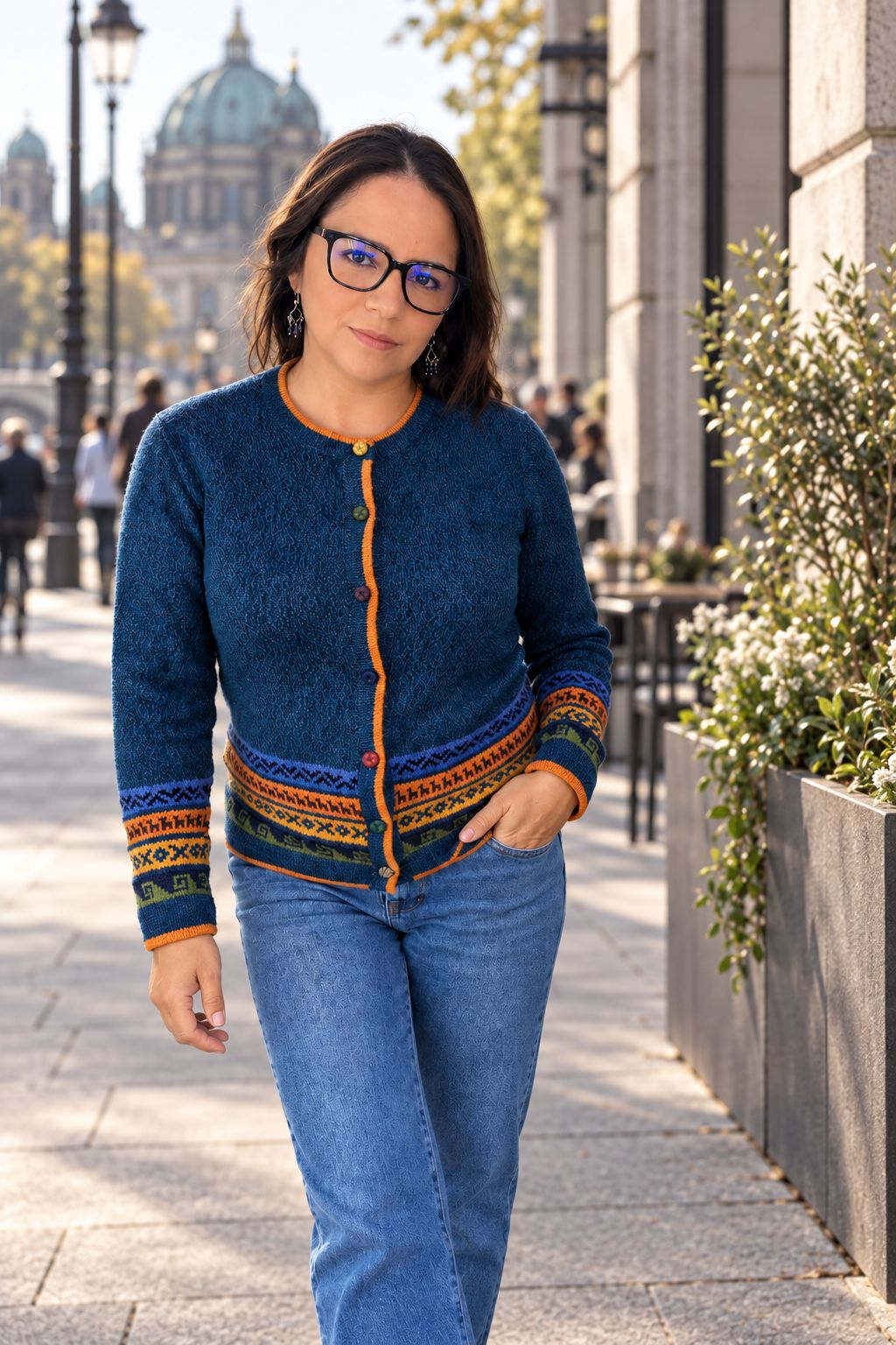 Baby Alpaca Cardigan – Gold, Leaf Green & Dark Blue Chiné | Andean Heritage Peruvian Knitwear