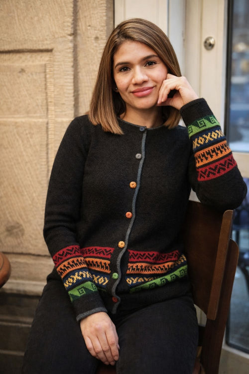 Baby Alpaca Cardigan – Black, Navy & Bordeaux | Luxury Peruvian Knitwear with Andean Trim