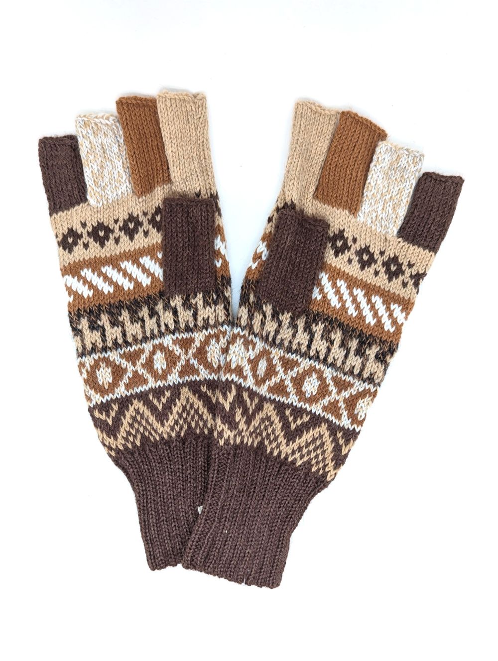 Baby Alpaca Fingerless Gloves — Beige, Brown & Grey, Size L