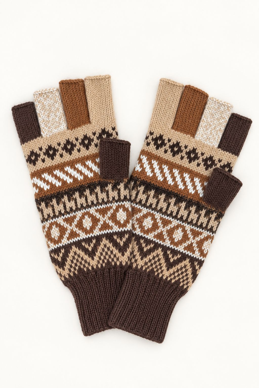 Baby Alpaca Fingerless Gloves — Beige, Brown & Grey, Size L