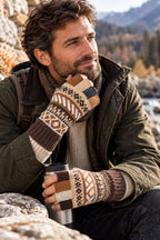 Baby Alpaca Fingerless Gloves — Beige, Brown & Grey, Size L