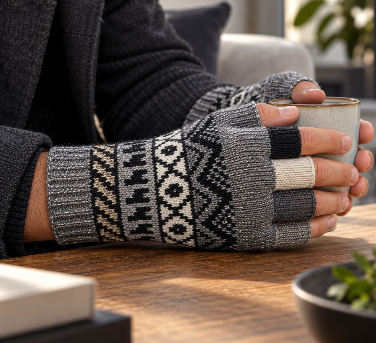 Mitaines en Baby Alpaga — Noir & Gris, Taille L