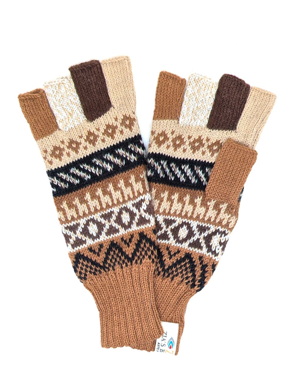 Baby Alpaca Fingerless Gloves — Beige, Brown & Grey, Size L