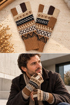 Baby Alpaca Fingerless Gloves — Beige, Brown & Grey, Size L