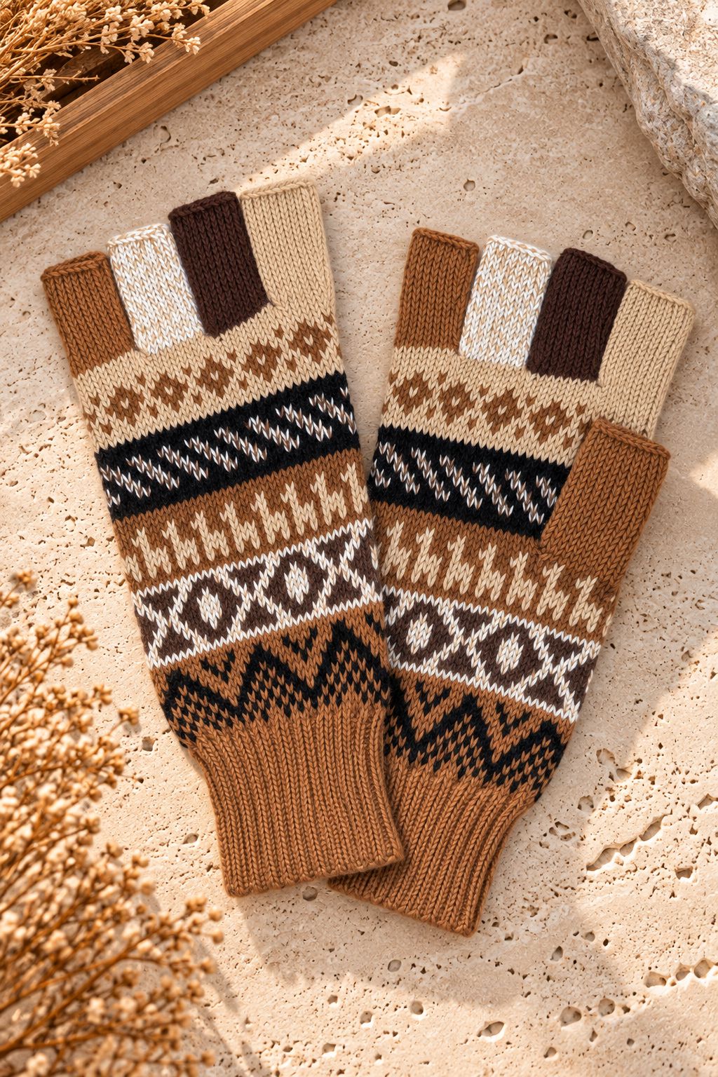 Baby Alpaca Fingerless Gloves — Beige, Brown & Grey, Size L