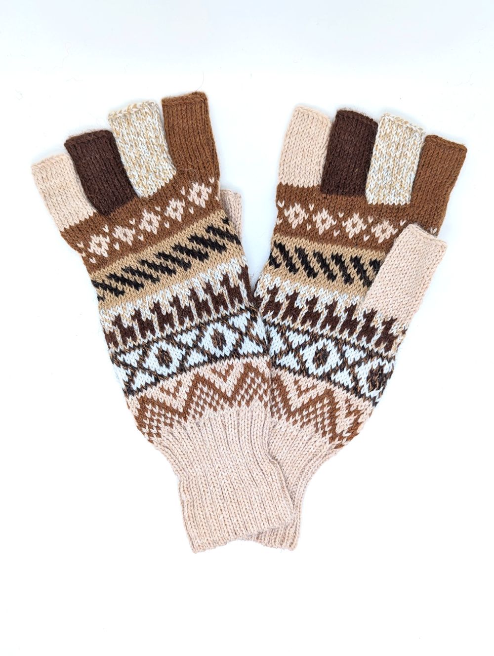 Baby Alpaca Fingerless Gloves — Beige, Brown & Grey, Size L