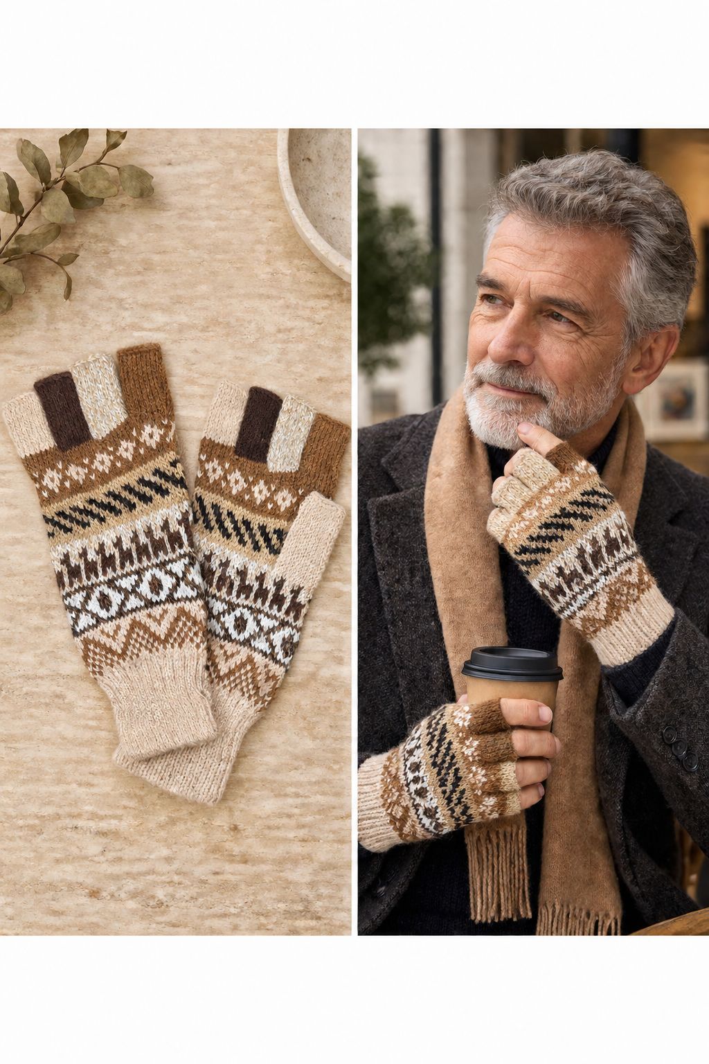 Baby Alpaca Fingerless Gloves — Beige, Brown & Grey, Size L