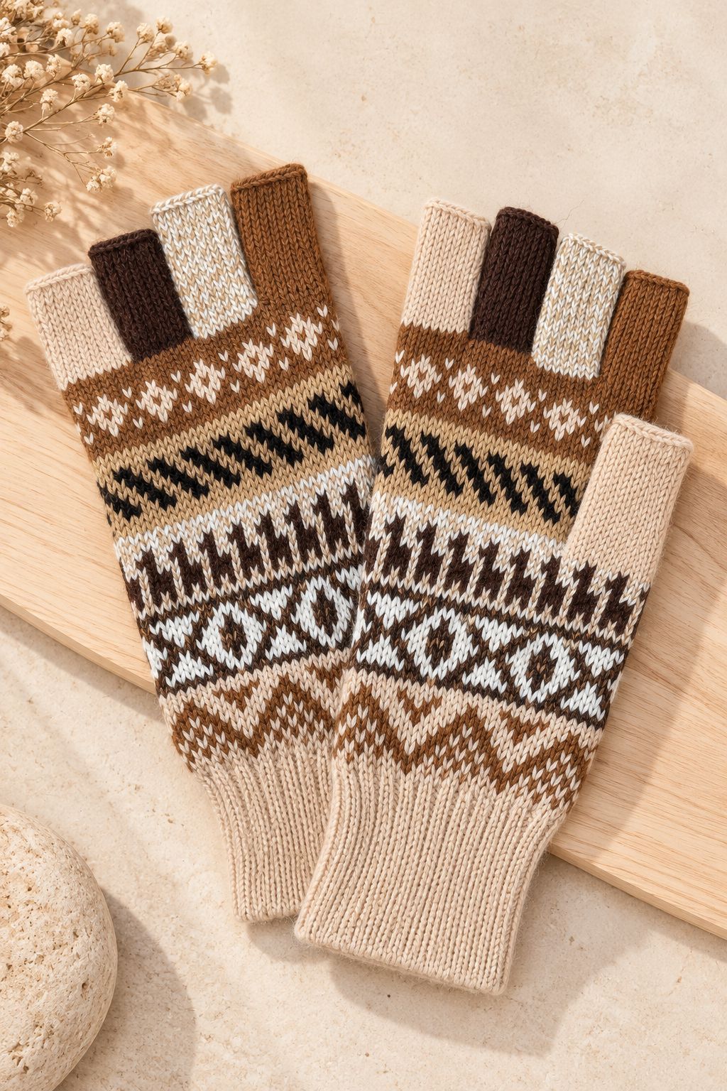 Baby Alpaca Fingerless Gloves — Beige, Brown & Grey, Size L