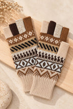 Baby Alpaca Fingerless Gloves — Beige, Brown & Grey, Size L