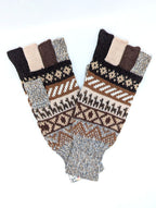 Baby Alpaca Fingerless Gloves — Beige, Brown & Grey, Size L