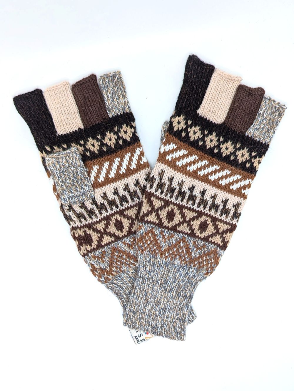 Baby Alpaca Fingerless Gloves — Beige, Brown & Grey, Size L