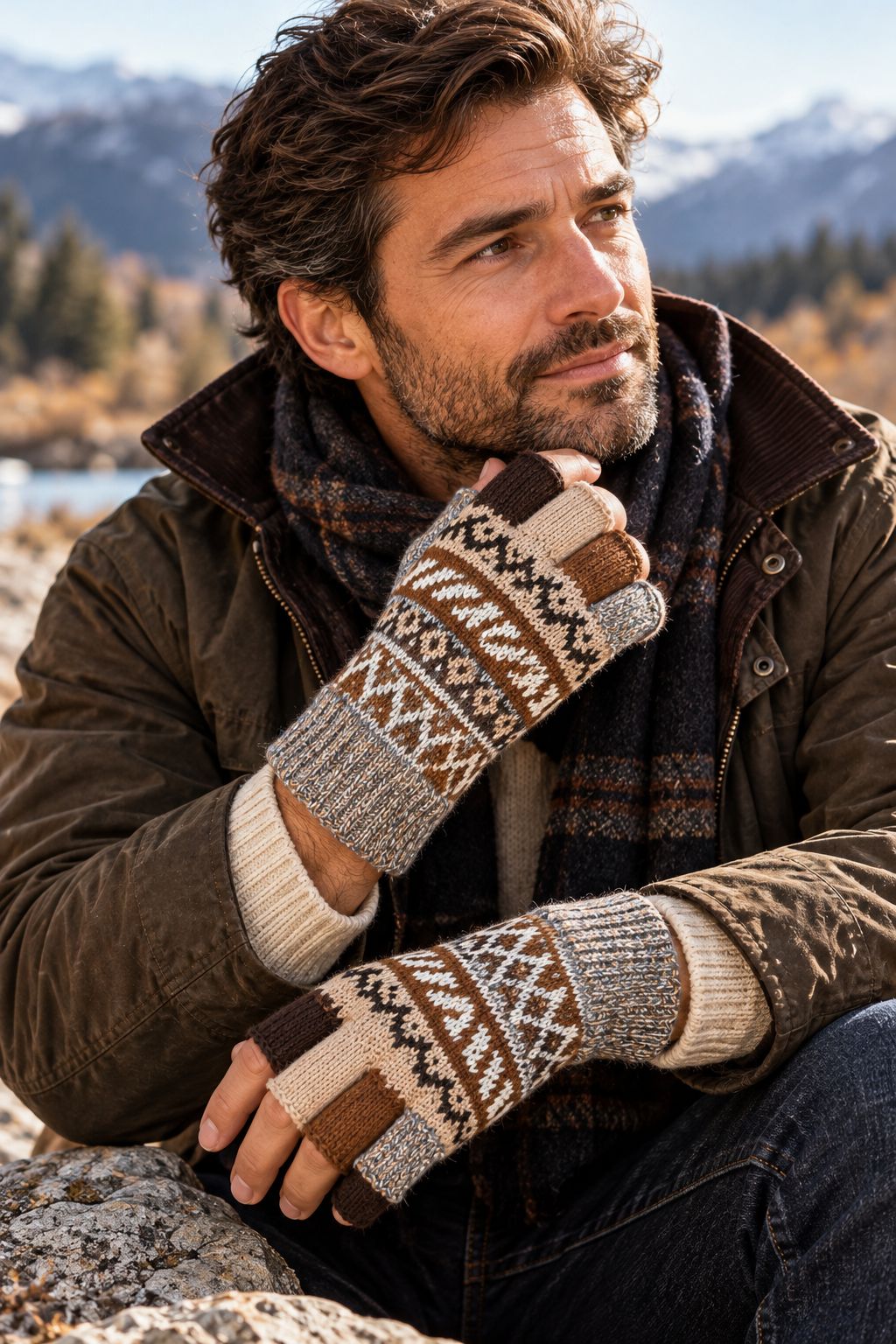 Baby Alpaca Fingerless Gloves — Beige, Brown & Grey, Size L
