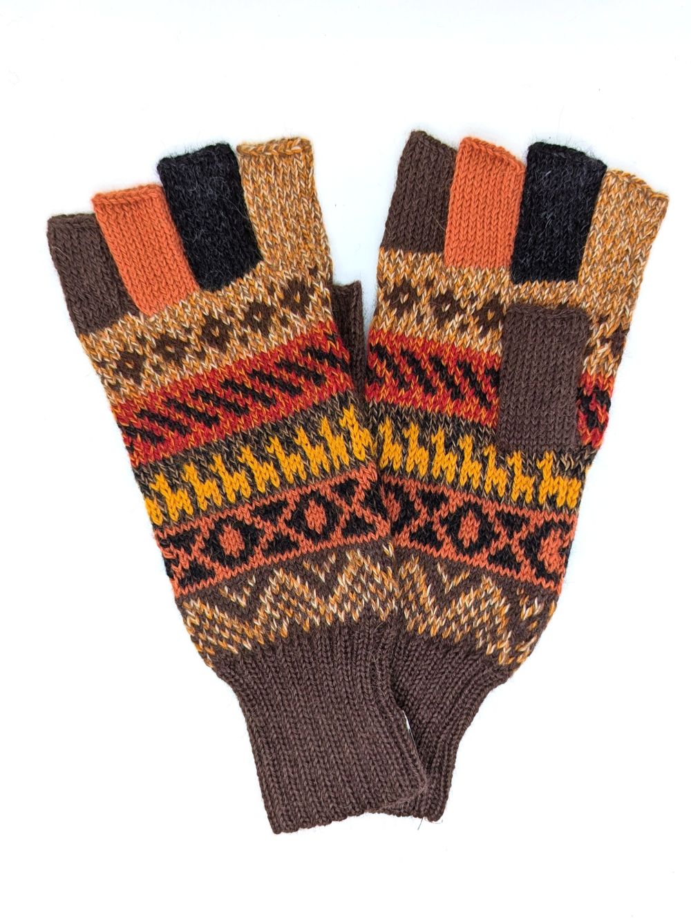 Baby Alpaca Fingerless Gloves — Beige, Brown & Grey, Size L