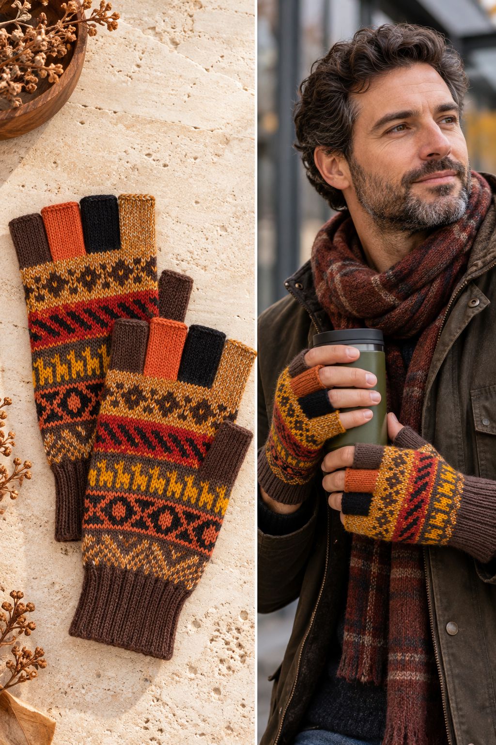 Baby Alpaca Fingerless Gloves — Beige, Brown & Grey, Size L