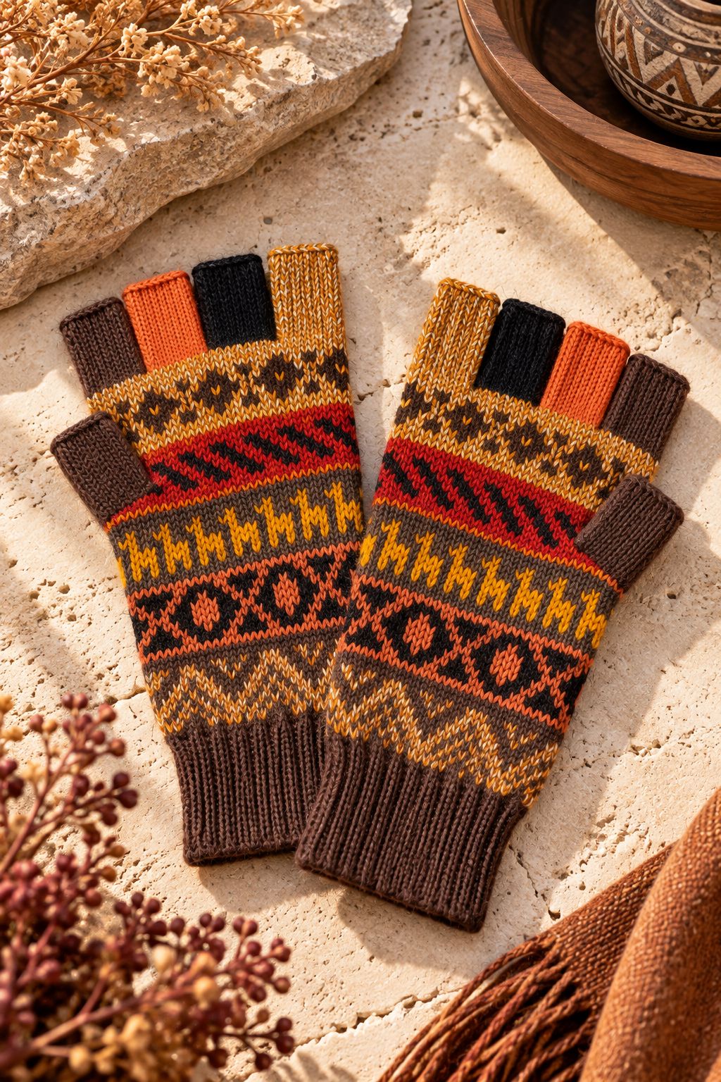 Baby Alpaca Fingerless Gloves — Beige, Brown & Grey, Size L