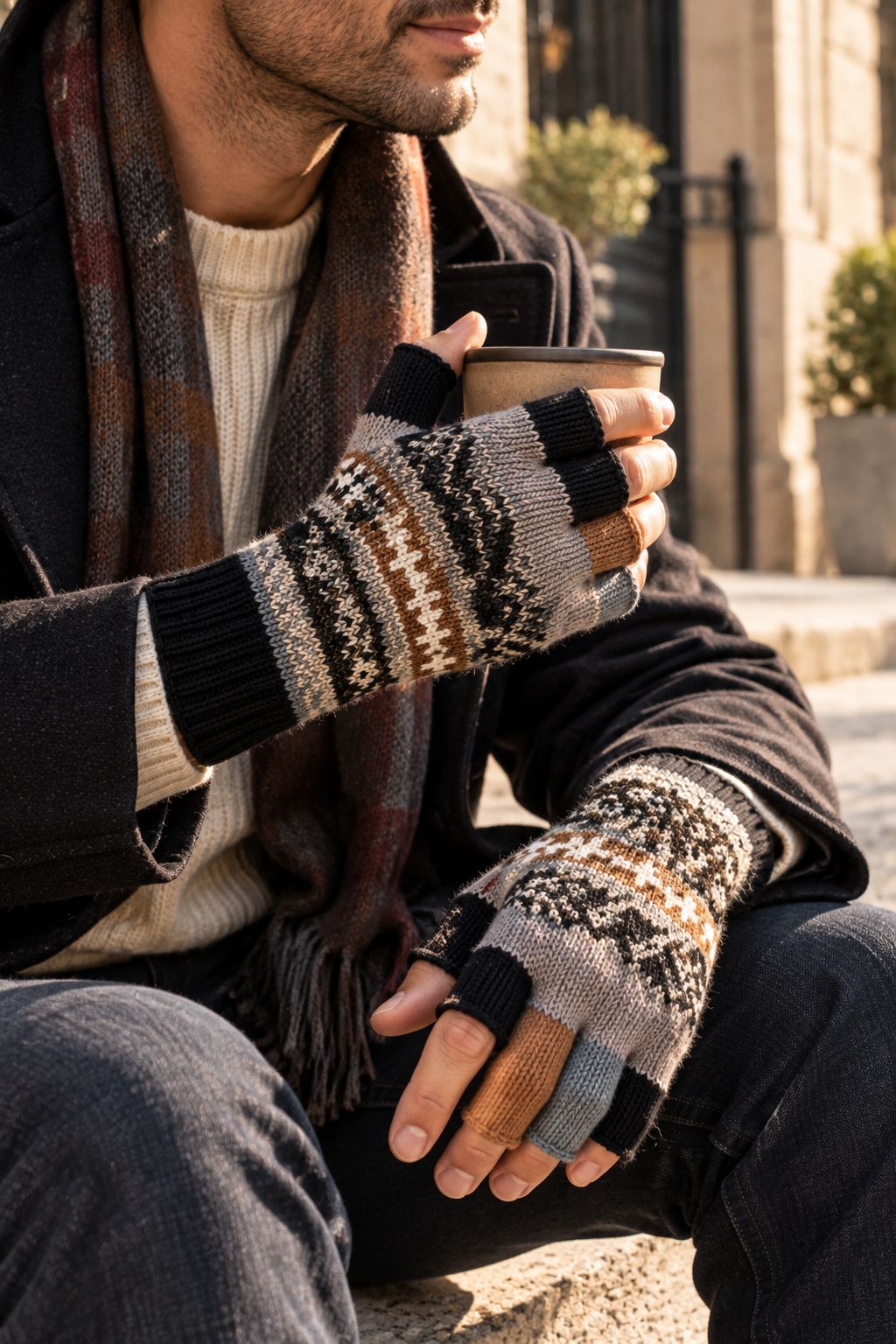 Mitaines en Baby Alpaga — Noir & Gris, Taille L