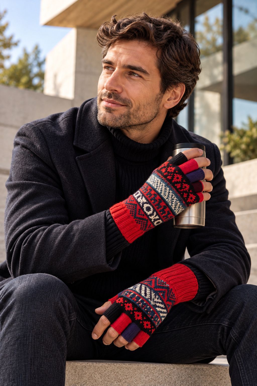 Baby Alpaca Fingerless Gloves — Red & Edelmira, Size L
