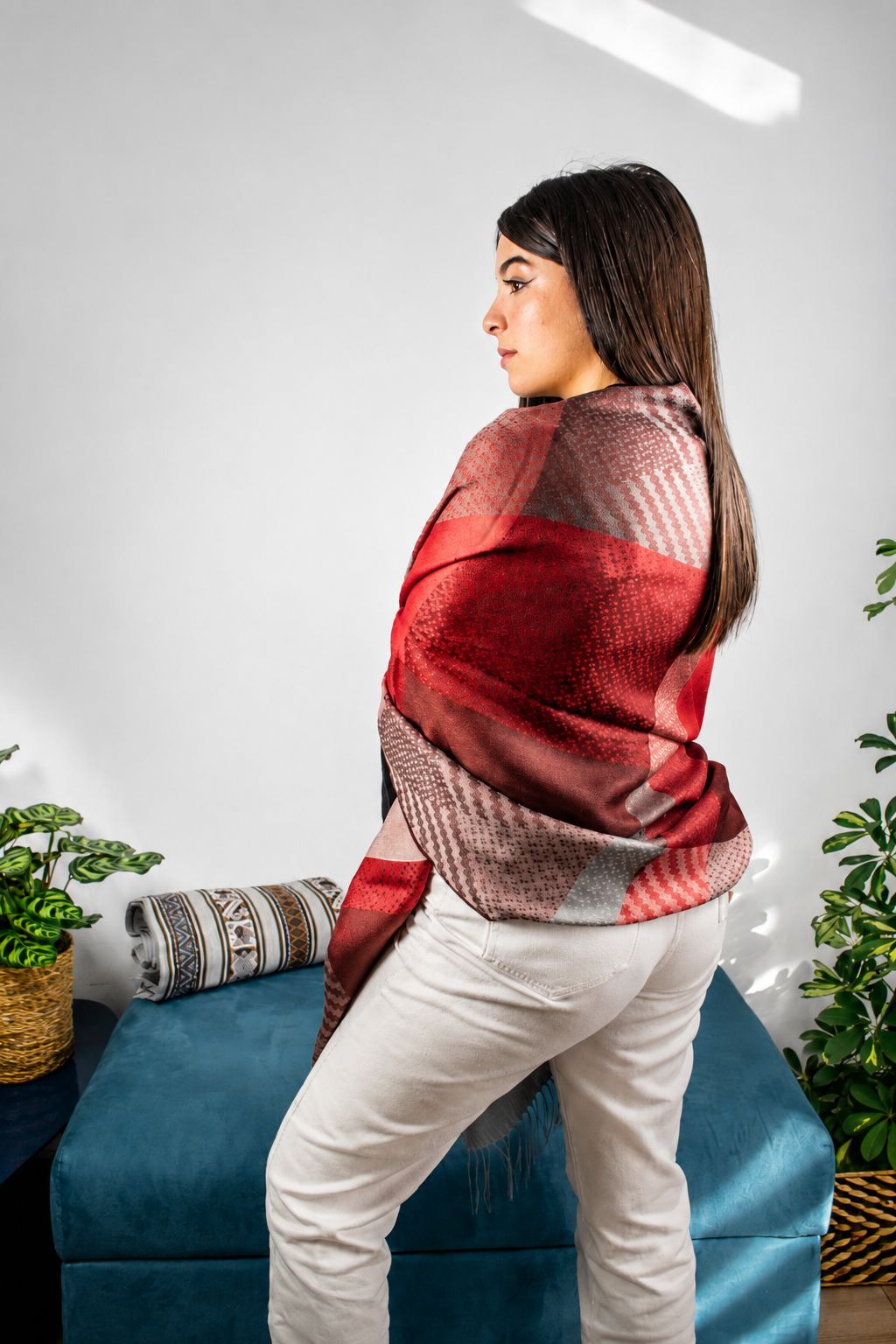 Baby Alpaca & Silk Shawl Red Burgundy Grey — Handwoven Reversible Wrap | Zia's Beauties Peru