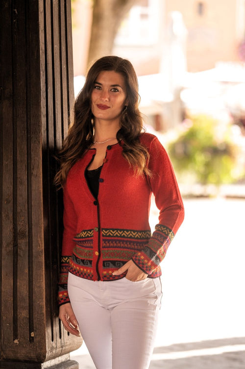 Baby Alpaca Cardigan – Light Blue & Red | Soft & Luminous Peruvian Artisan Knitwear