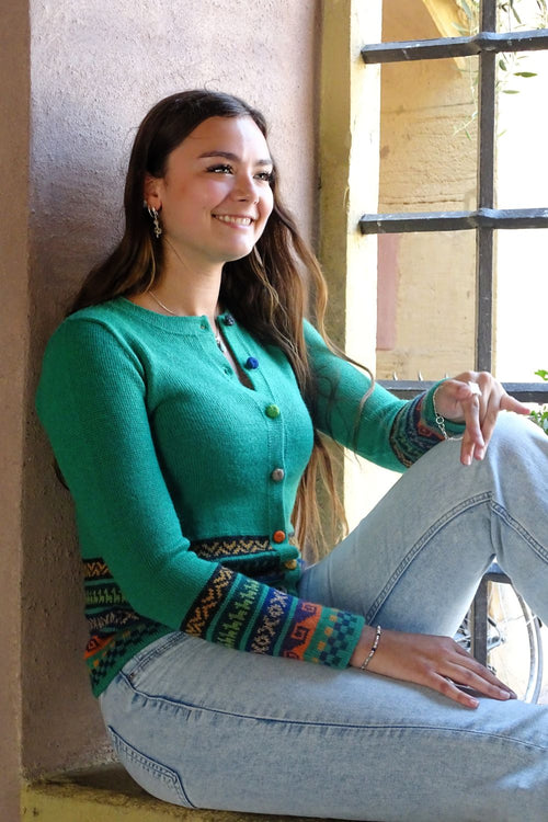 Baby Alpaca Cardigan – Turquoise, Light Green & Mauve | Artisan Peruvian Knitwear, Jewel Tones