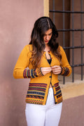Cárdigan de Baby-Alpaca – Oro, Verde Hoja y Chiné Azul Oscuro | Tejidos Peruanos de Herencia Andina