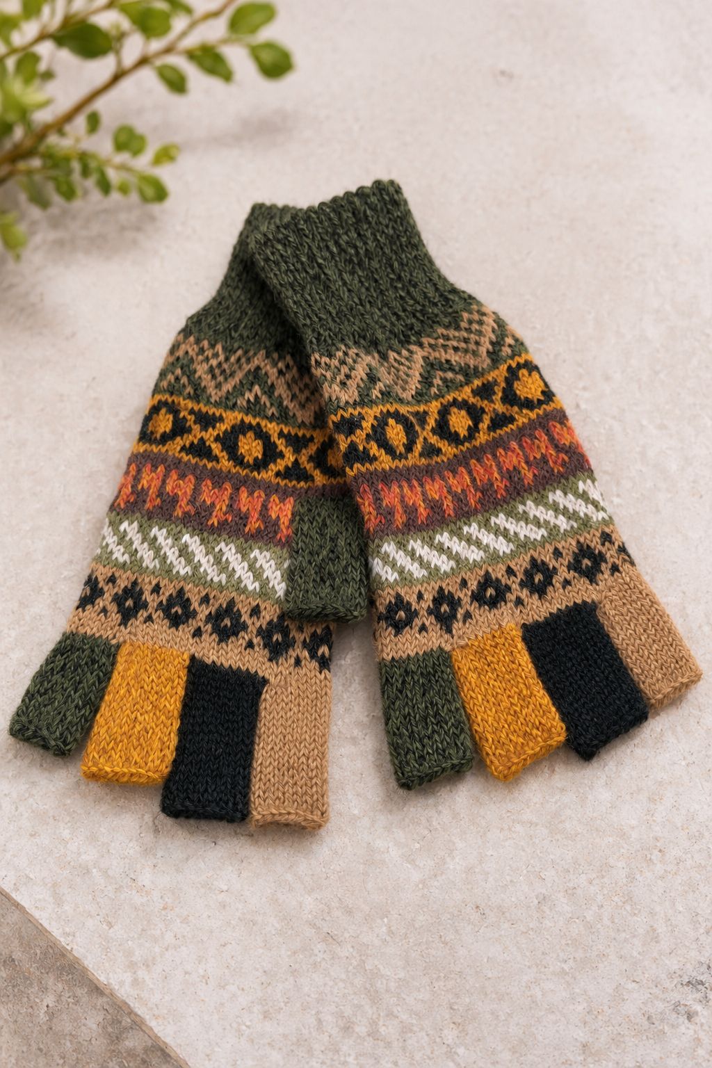 Baby Alpaca Fingerless Gloves - Greens, Size L