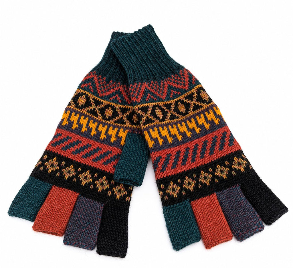 Baby Alpaca Fingerless Gloves - Greens, Size L