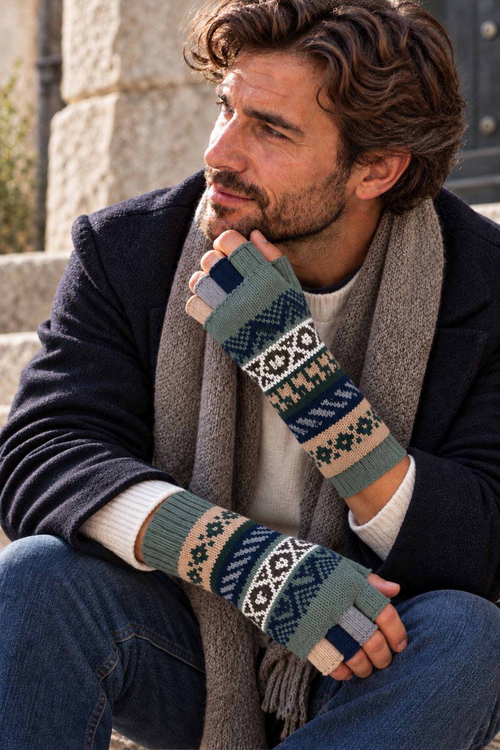 Baby Alpaca Fingerless Gloves - Greens, Size L