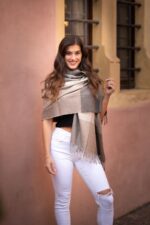 Luxurious Peruvian Baby Alpaca Shawl-Scarf | 100% Baby Alpaca | Color: Beige and Grey | Alpaca Shawl - Image 5