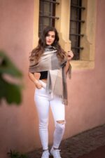 Luxurious Peruvian Baby Alpaca Shawl-Scarf | 100% Baby Alpaca | Color: Beige and Grey | Alpaca Shawl - Image 2