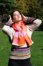 Orange Pink Red Alpaca Scarf – 100% Natural Baby Alpaca | Vintage Check Pattern & Reversible Elegance - Image 2